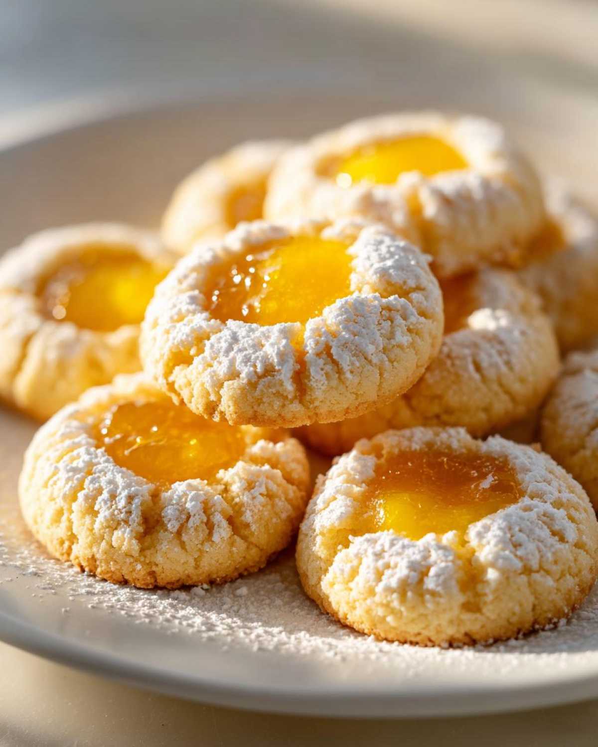 Close-up of several Lemon Curd Thumbprint Cookies dusted with powdered sugar on a white plate.