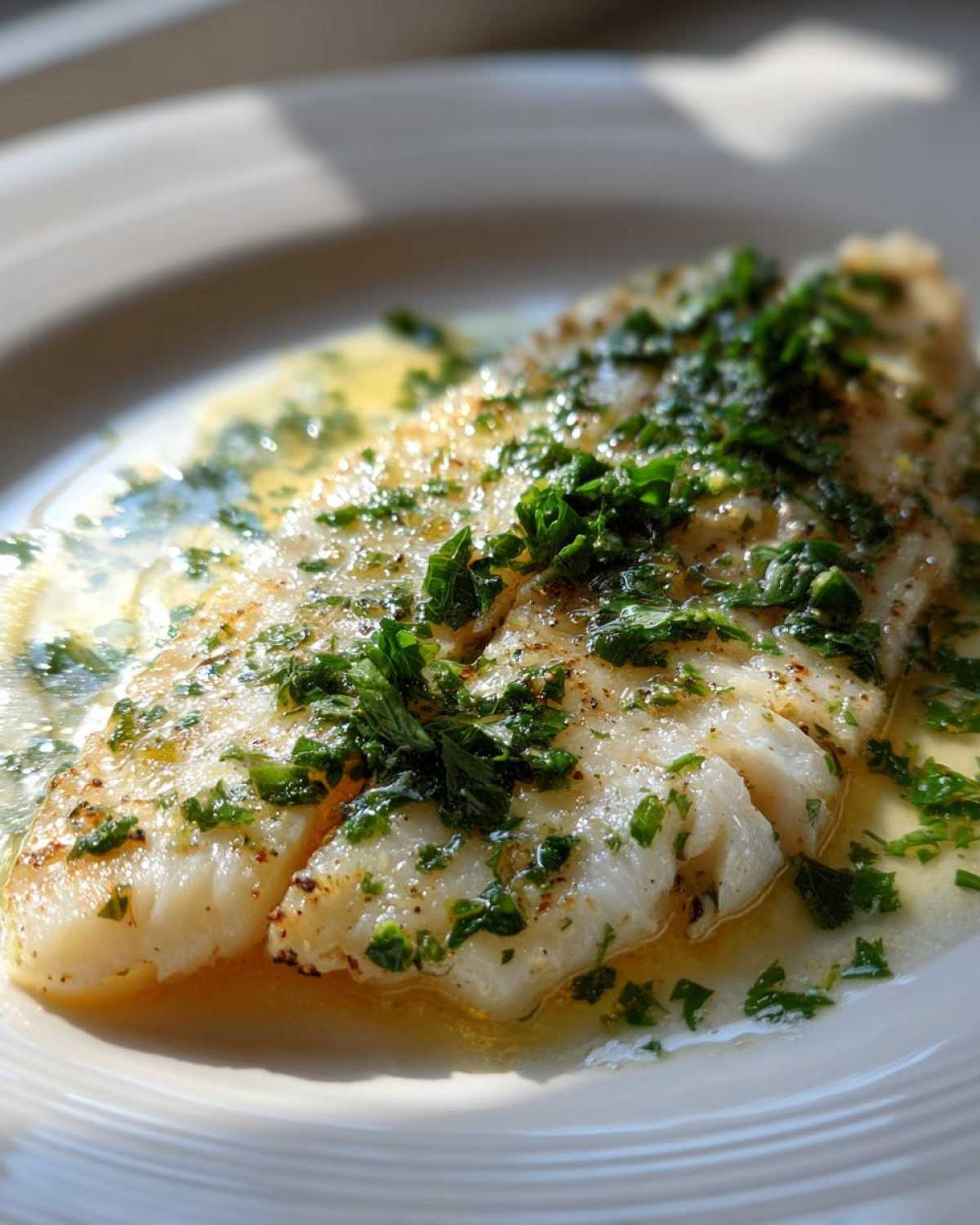 A close-up of baked Lemon Garlic Butter Tilapia fillet swimming in butter sauce and topped with fresh chopped parsley.