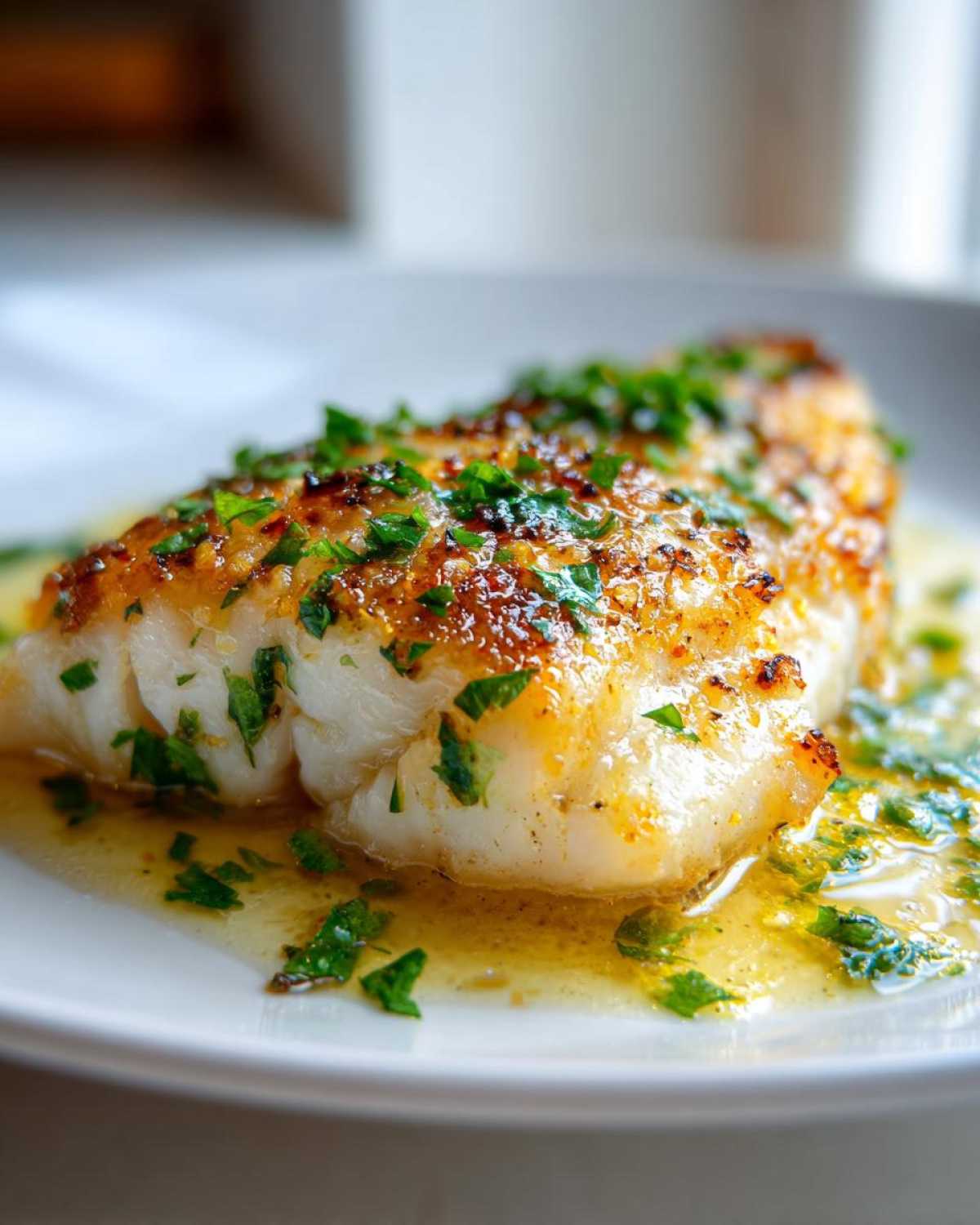 Close-up of a flaky, pan-seared Lemon Garlic Butter Tilapia fillet topped with fresh parsley and rich butter sauce.