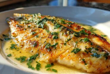 Close-up of a perfectly cooked Lemon Garlic Butter Tilapia fillet swimming in rich butter sauce and topped with fresh parsley.