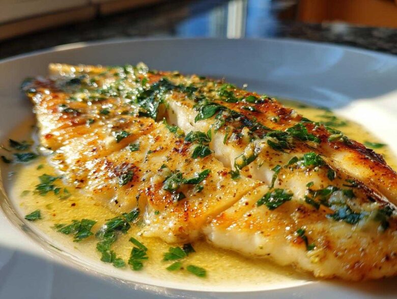 Close-up of a perfectly cooked Lemon Garlic Butter Tilapia fillet swimming in rich butter sauce and topped with fresh parsley.