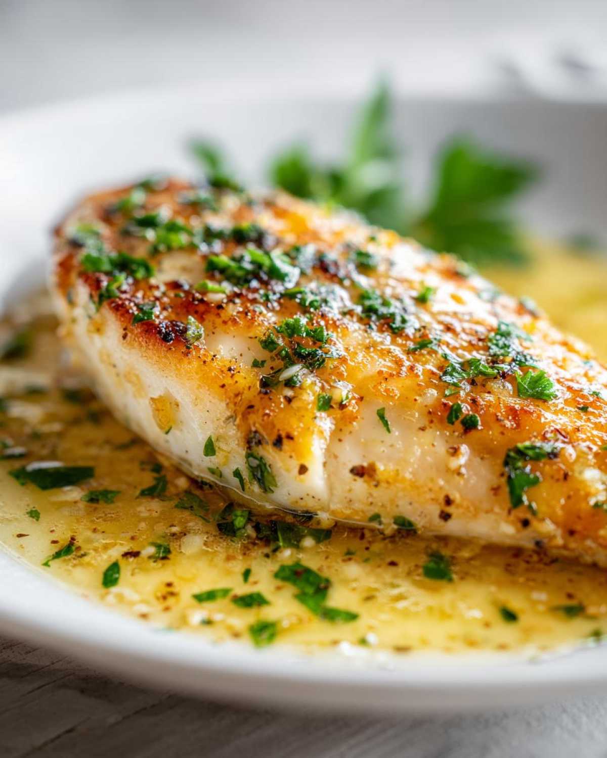 Close-up of a perfectly seared Lemon Garlic Butter Tilapia fillet swimming in rich butter sauce and topped with fresh parsley.