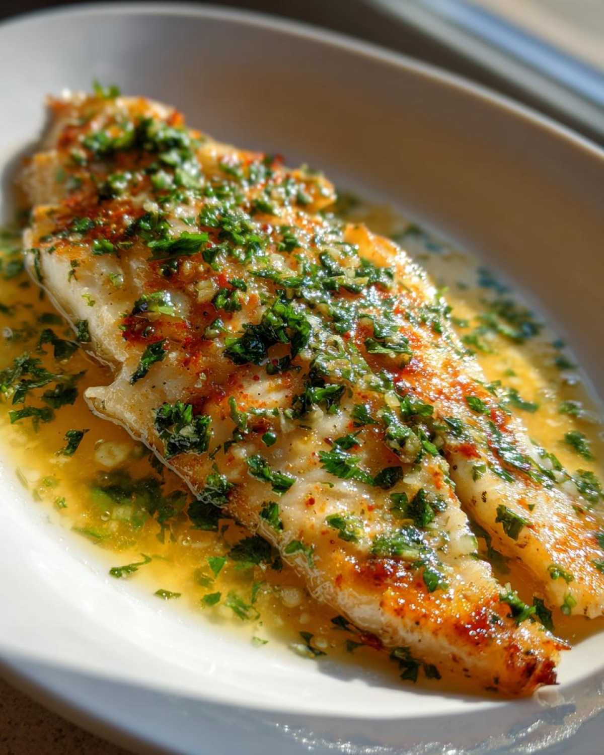 Close-up of a perfectly cooked Lemon Garlic Butter Tilapia fillet swimming in a rich, buttery sauce topped with fresh parsley.