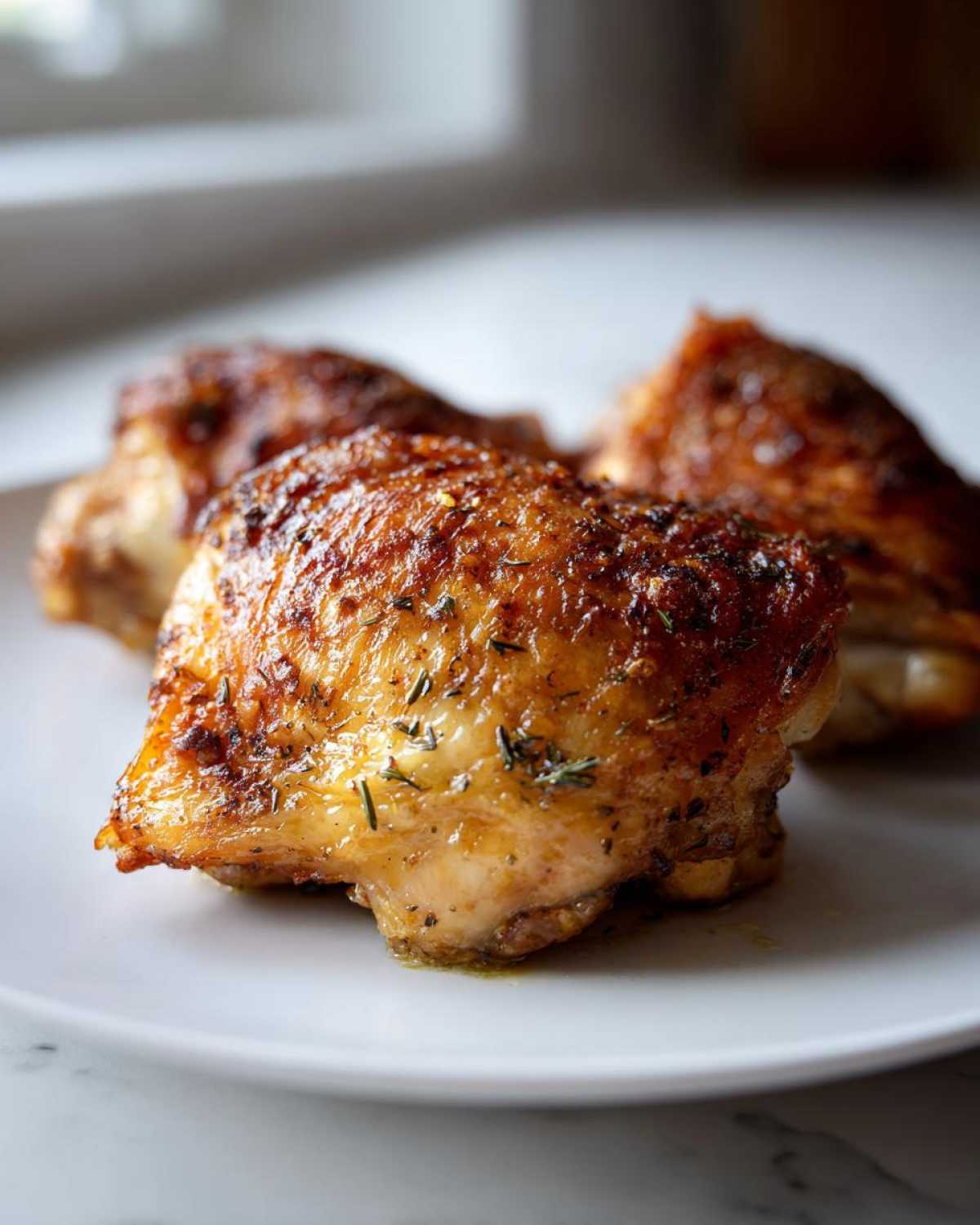 Close-up of three perfectly cooked Lemon Garlic Roasted Chicken Thighs with crispy, golden-brown skin and herbs.
