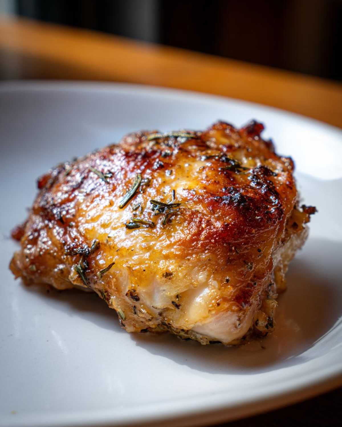 A close-up of a perfectly cooked, golden-brown Lemon Garlic Roasted Chicken Thighs piece on a white plate.