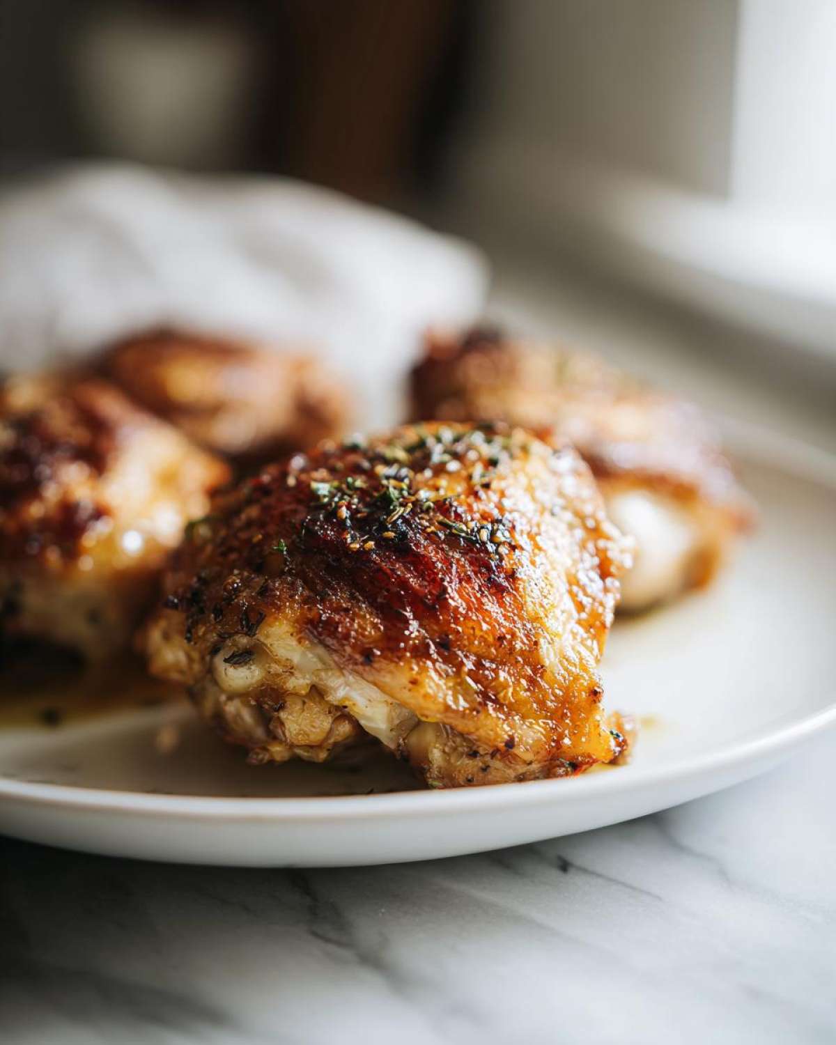 Close-up of crispy, golden-brown Lemon Garlic Roasted Chicken Thighs seasoned with herbs on a white plate.