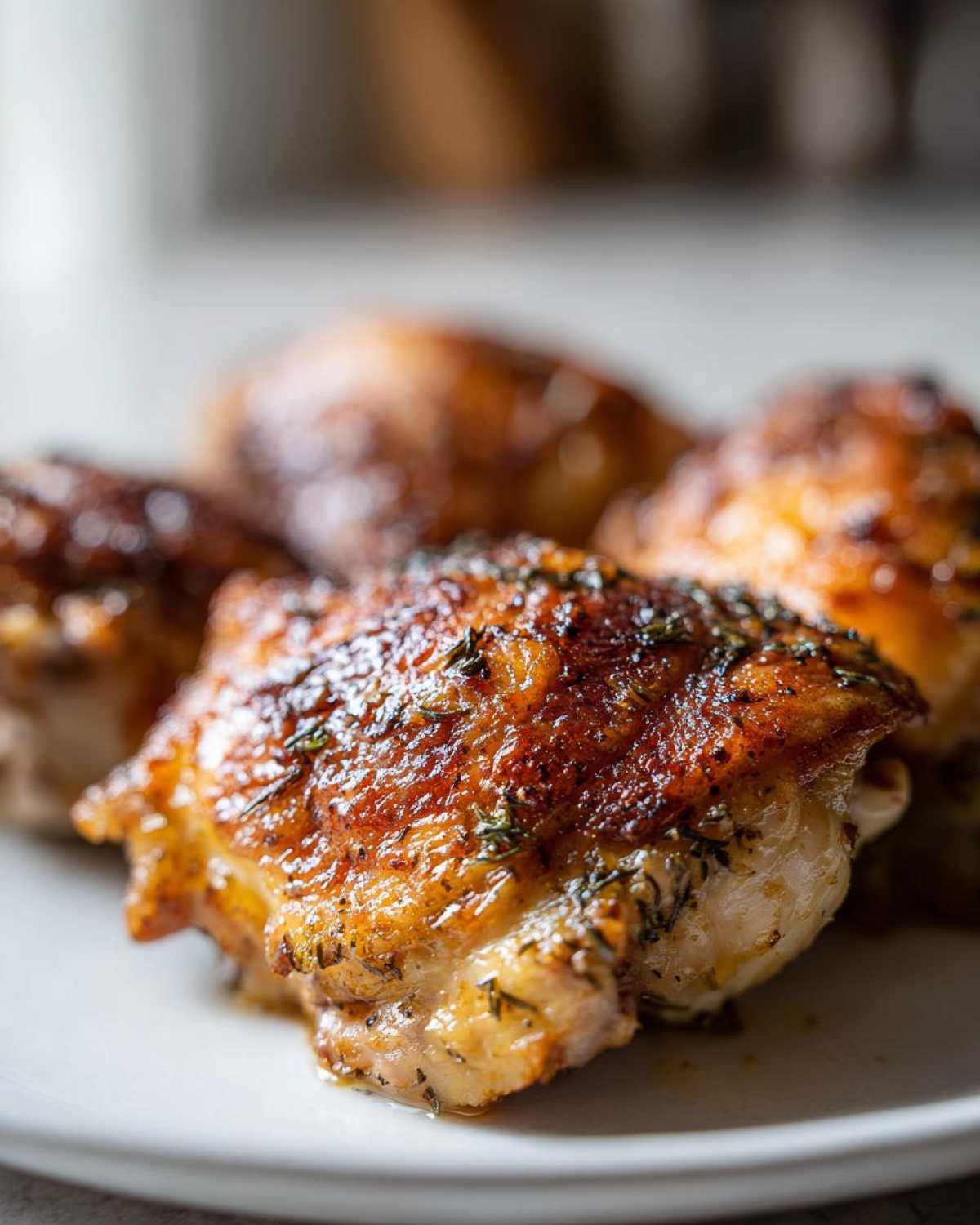 Close-up of perfectly roasted Lemon Garlic Roasted Chicken Thighs with crispy, browned skin and herbs.