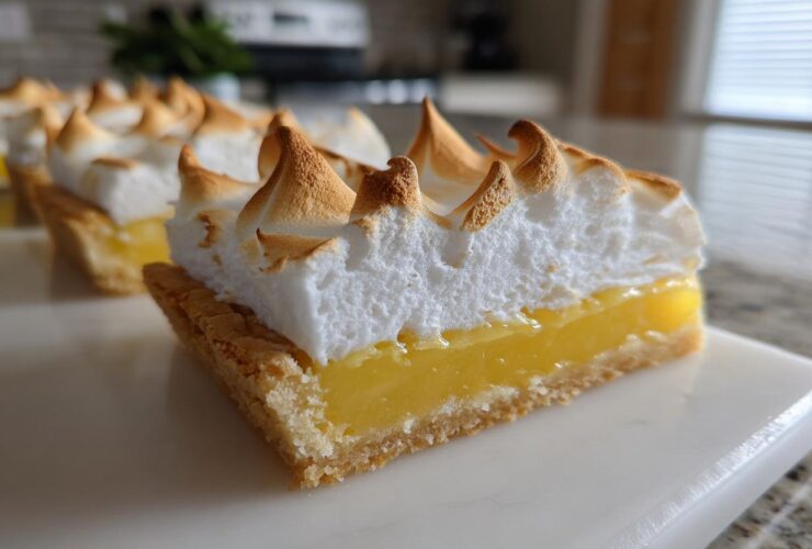 A close-up side view of a Lemon Meringue Pie Bars square showing the crust, bright yellow lemon filling, and toasted meringue peaks.
