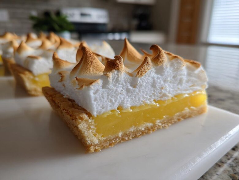 A close-up side view of a Lemon Meringue Pie Bars square showing the crust, bright yellow lemon filling, and toasted meringue peaks.