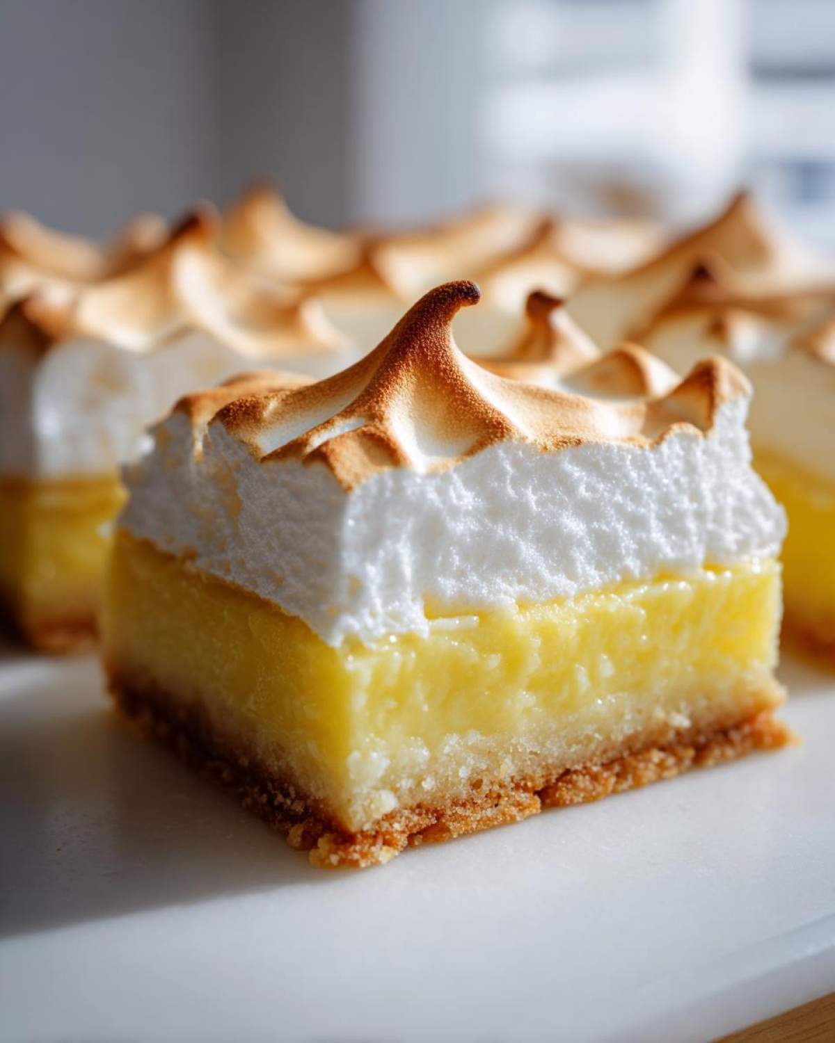 Close-up of a square Lemon Meringue Pie Bars slice showing a thick crust, bright yellow filling, and toasted meringue.