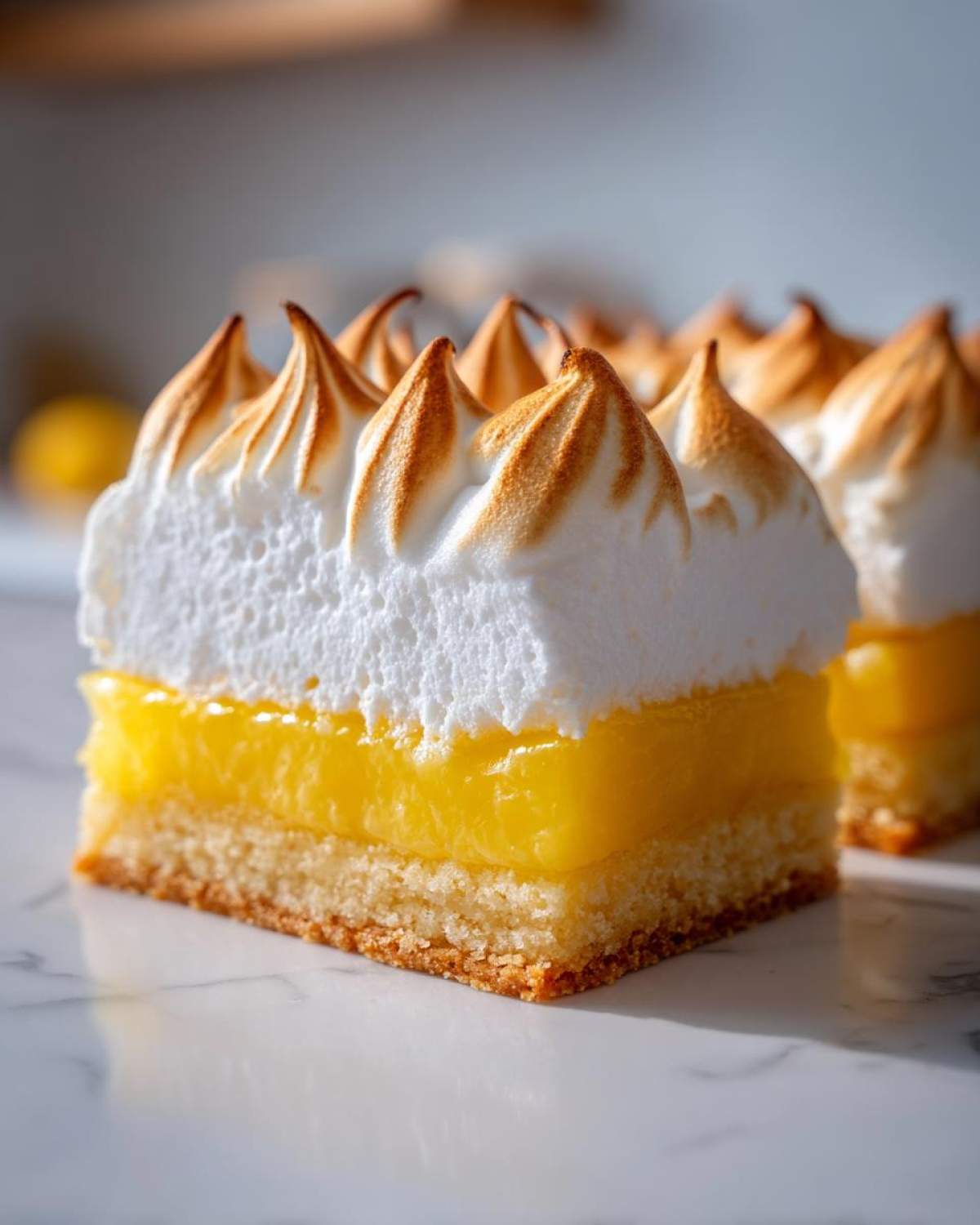 Close-up of a Lemon Meringue Pie Bars slice showing crust, lemon filling, and torched meringue peaks.