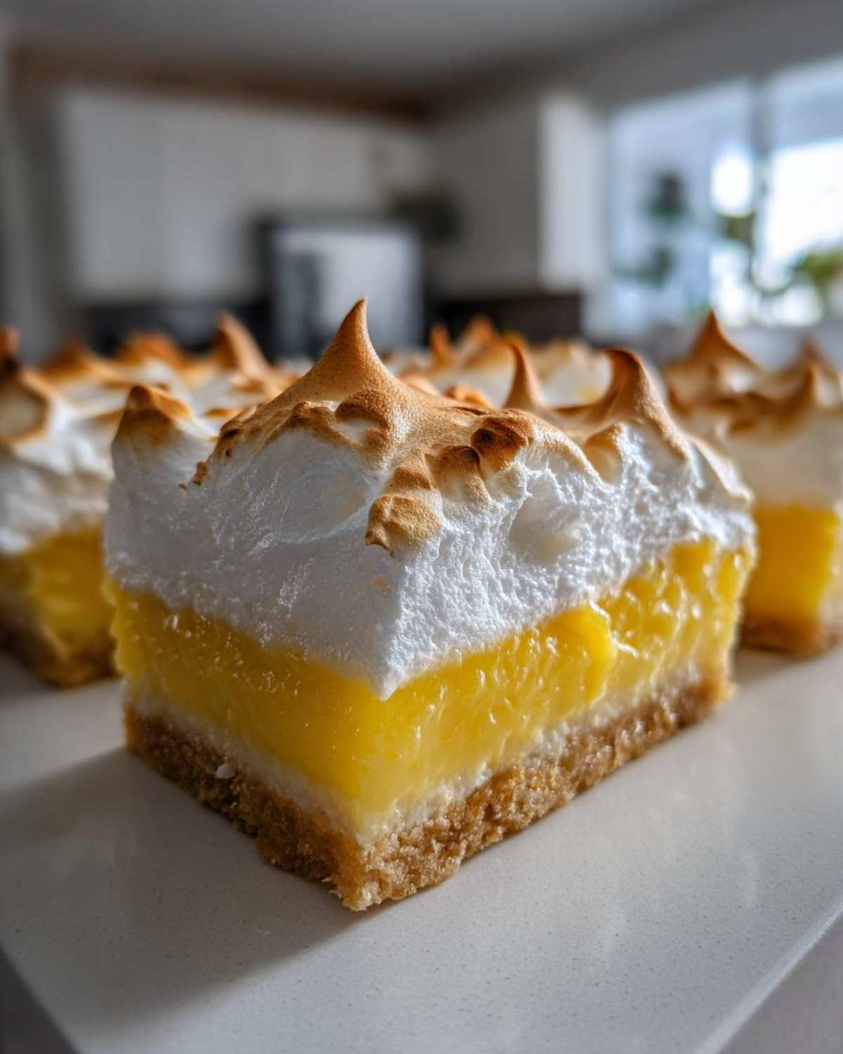 A close-up of a perfect square of Lemon Meringue Pie Bars showing the graham cracker crust, bright yellow filling, and toasted meringue peaks.