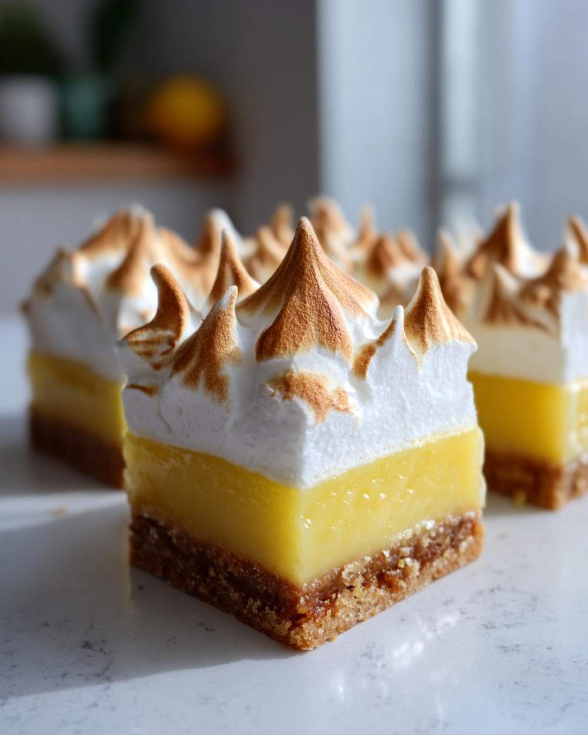 Close-up of a square Lemon Meringue Pie Bar showing the crust, bright yellow lemon filling, and toasted meringue peaks.