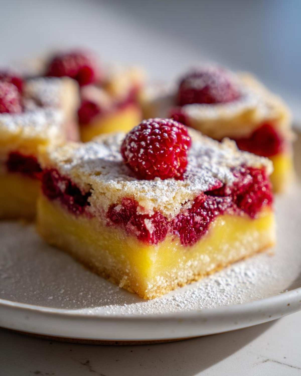 A close-up of a square slice of Lemon Raspberry Bars, featuring a bright yellow lemon layer and bright red raspberries, dusted with powdered sugar.