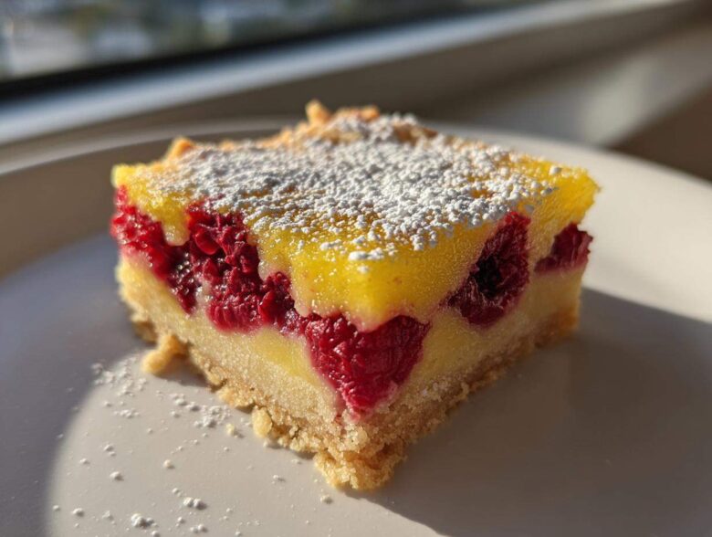 A single square of Lemon Raspberry Bars featuring a bright yellow lemon layer, whole raspberries, and a shortbread crust, dusted with powdered sugar.
