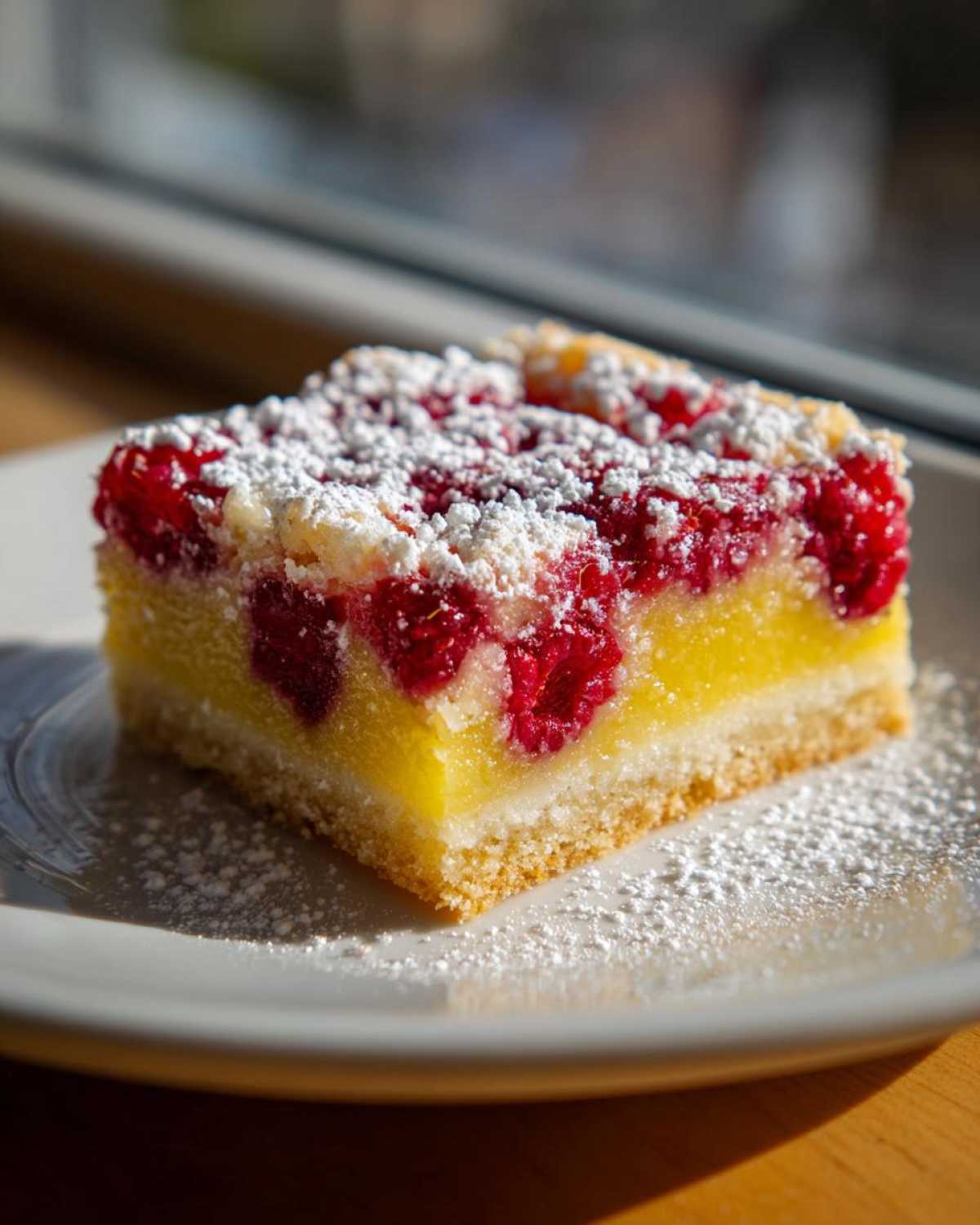 A close-up of a single serving of Lemon Raspberry Bars topped with fresh raspberries and powdered sugar.