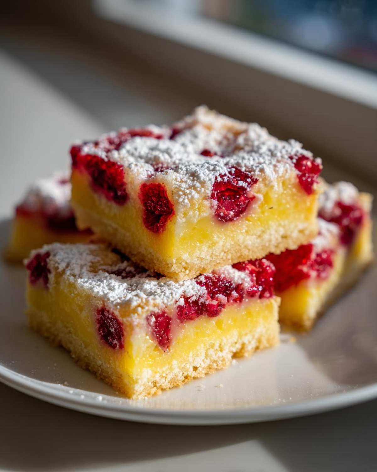 Close-up of stacked Lemon Raspberry Bars featuring a bright yellow filling, whole raspberries, and a dusting of powdered sugar.