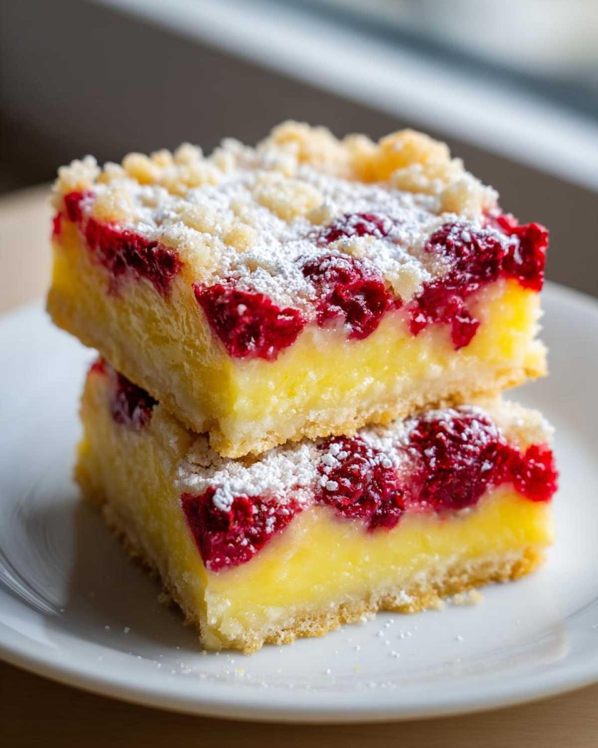 Two stacked squares of Lemon Raspberry Bars featuring a bright yellow filling and red raspberries, dusted with powdered sugar.