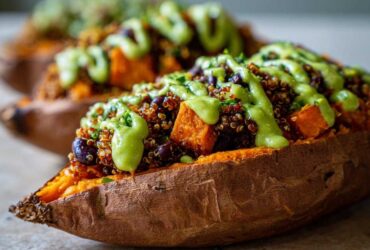 Close-up of a Loaded Veggie Stuffed Sweet Potato topped with quinoa, black beans, and a bright green sauce.