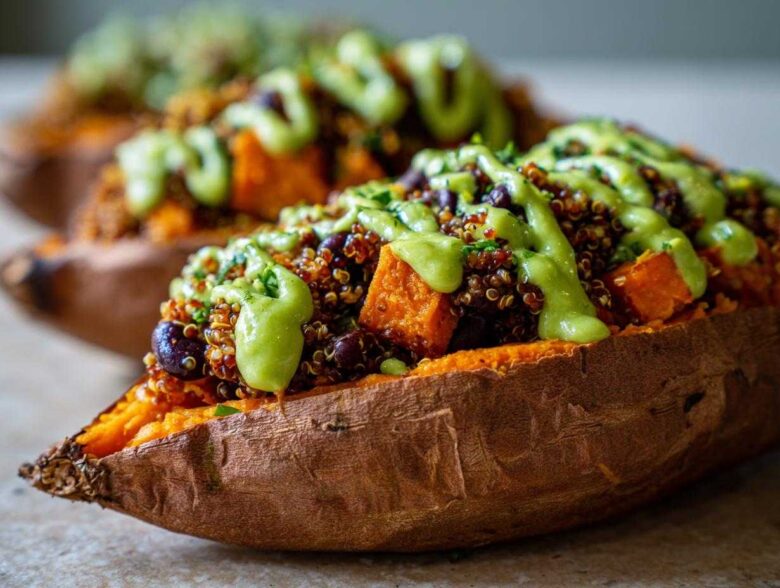 Close-up of a Loaded Veggie Stuffed Sweet Potato topped with quinoa, black beans, and a bright green sauce.