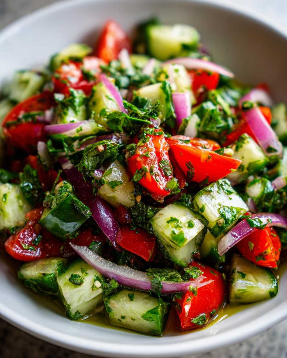 Close-up of a vibrant Mediterranean Cucumber Tomato Salad with chopped tomatoes, cucumbers, red onion, and herbs.