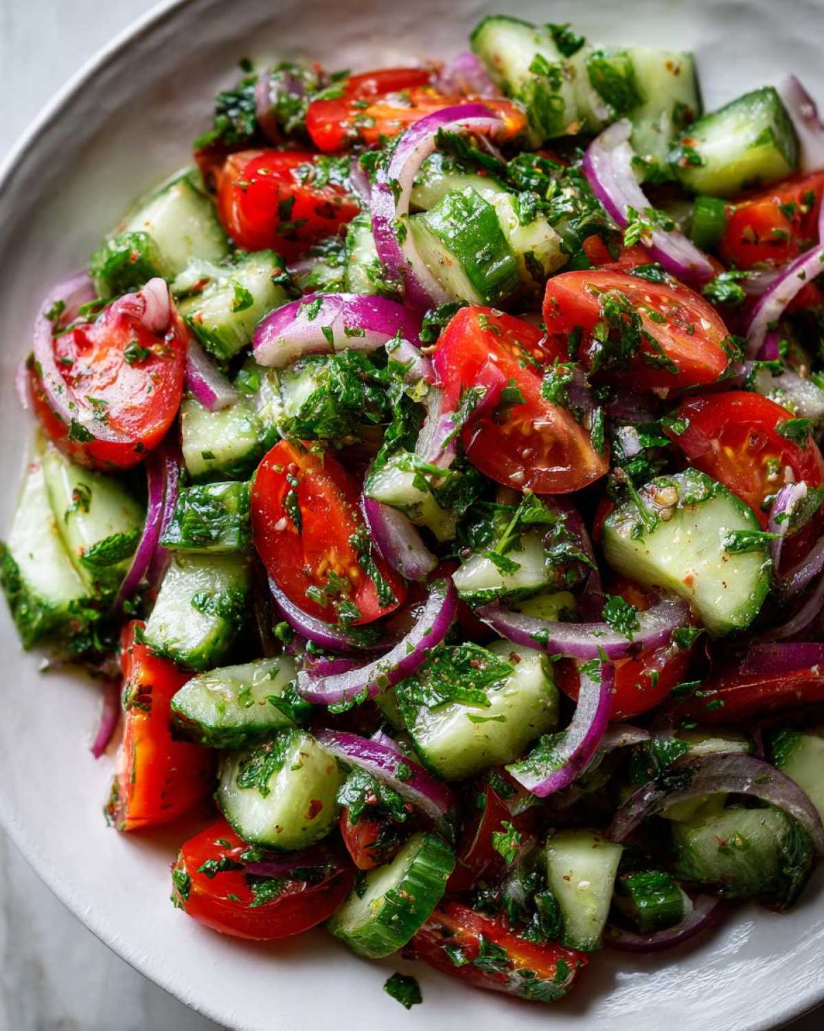 Close-up of a vibrant Mediterranean Cucumber Tomato Salad with red onion, herbs, and dressing.