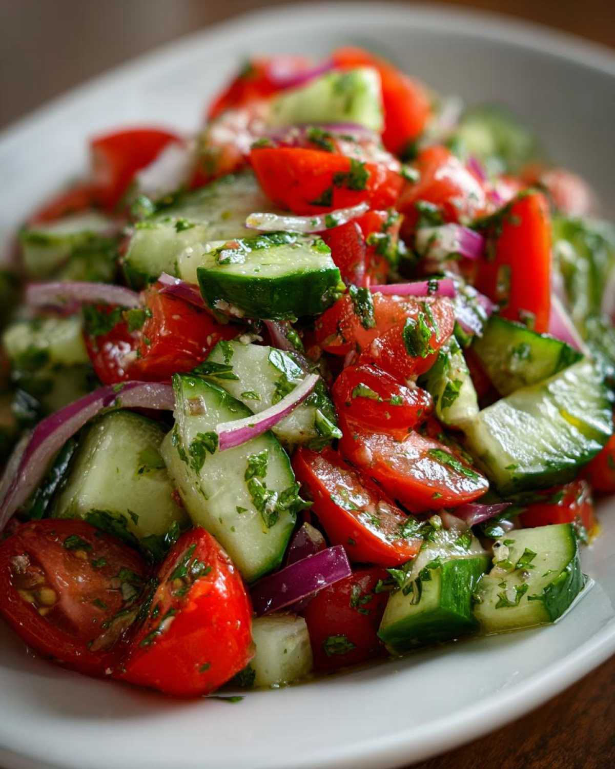 Close-up of fresh Mediterranean Cucumber Tomato Salad with chopped tomatoes, cucumbers, and red onion.