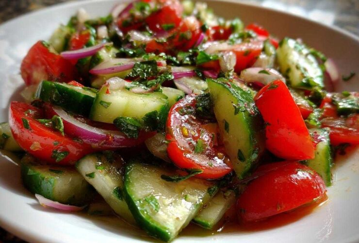 Close-up of fresh Mediterranean Cucumber Tomato Salad featuring chopped tomatoes, cucumbers, and red onion.