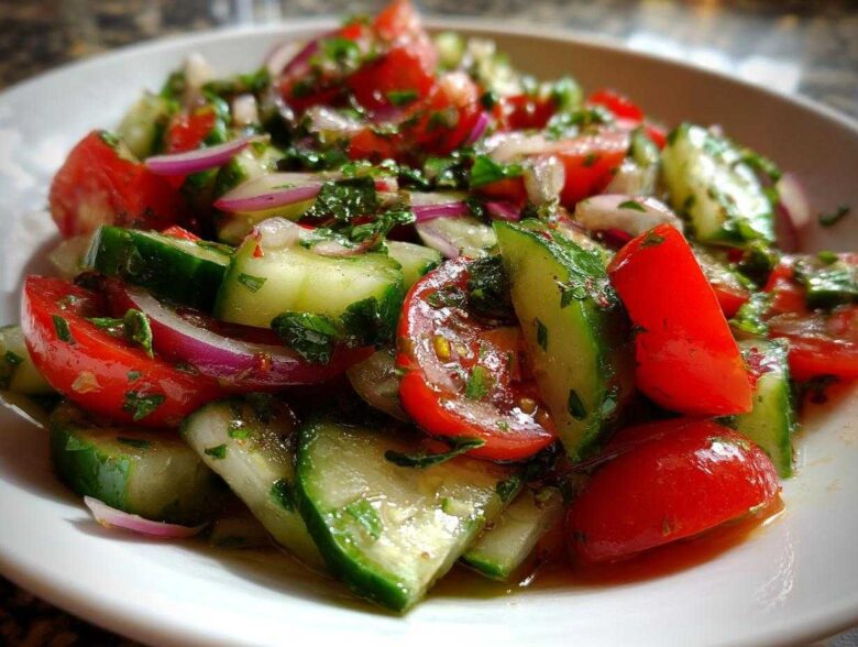 Close-up of fresh Mediterranean Cucumber Tomato Salad featuring chopped tomatoes, cucumbers, and red onion.