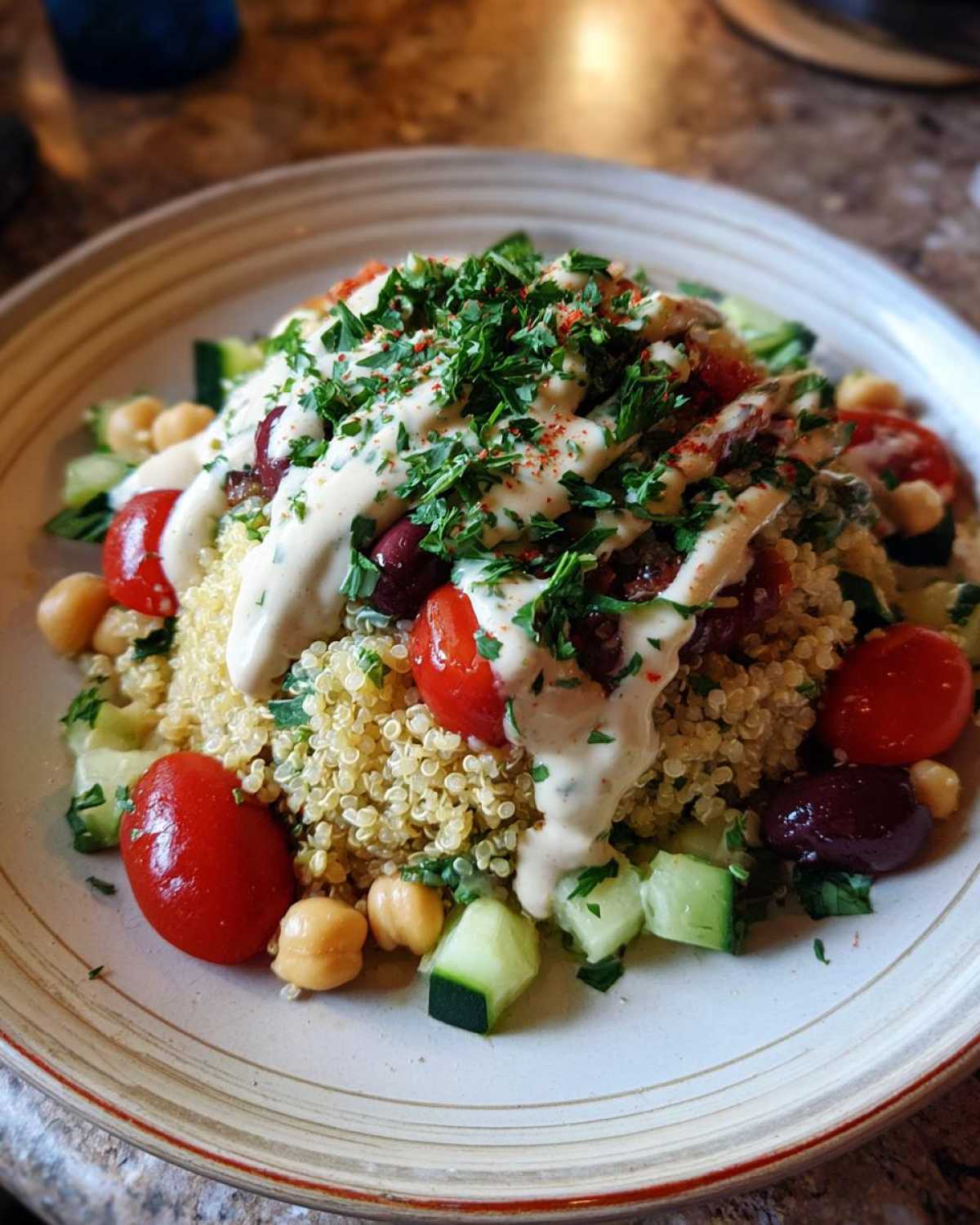 A vibrant Mediterranean Quinoa Bowl topped generously with lemon tahini sauce, fresh parsley, tomatoes, and cucumbers.