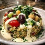 A molded portion of Mediterranean Quinoa Bowl topped with olives, chickpeas, cucumber, and a generous drizzle of lemon tahini sauce.