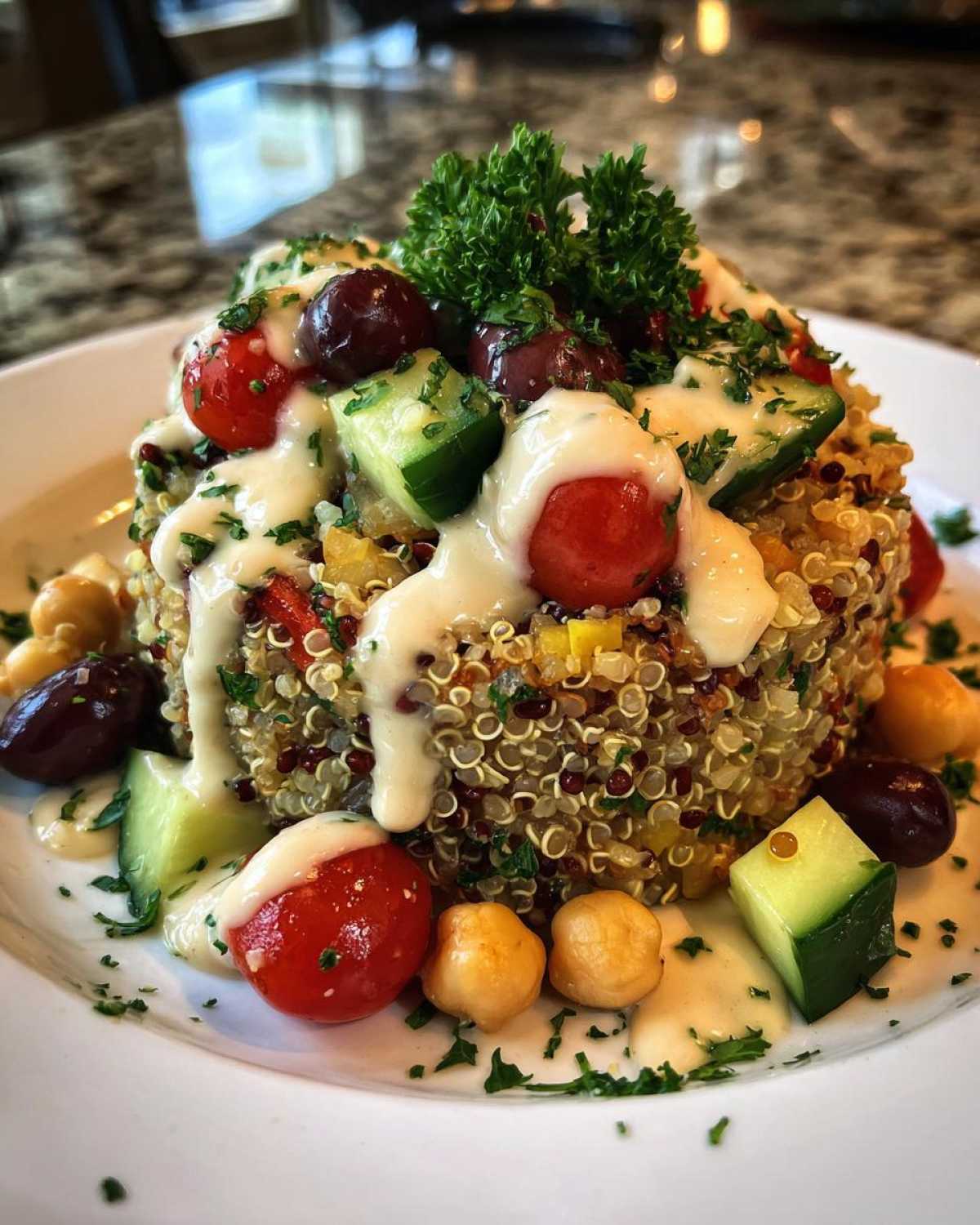 A perfectly molded Mediterranean Quinoa Bowl topped with cherry tomatoes, cucumber, olives, and drizzled generously with lemon tahini sauce.