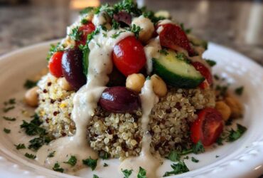 Close-up of a vibrant Mediterranean Quinoa Bowl topped with tomatoes, olives, cucumber, and drizzled with lemon tahini sauce.