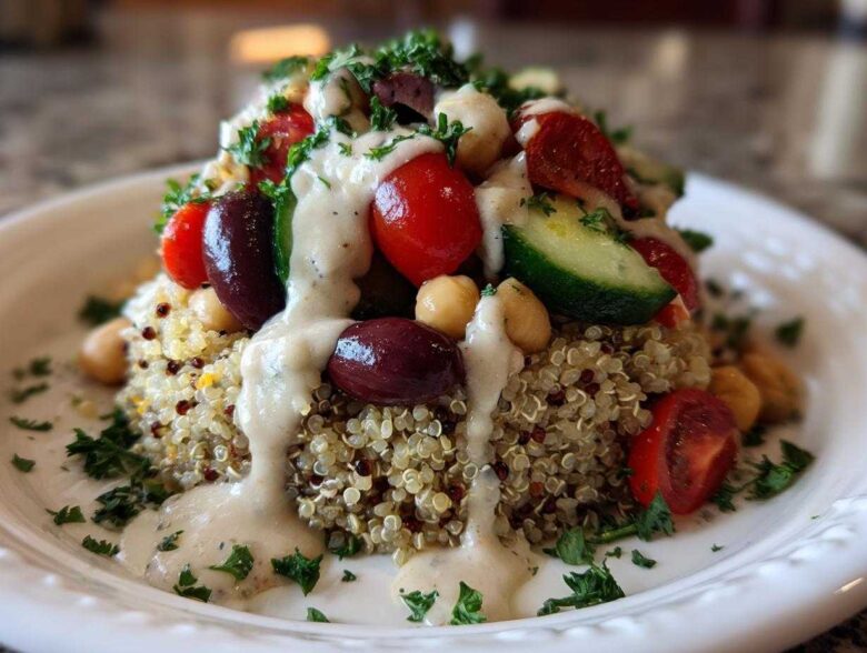 Close-up of a vibrant Mediterranean Quinoa Bowl topped with tomatoes, olives, cucumber, and drizzled with lemon tahini sauce.