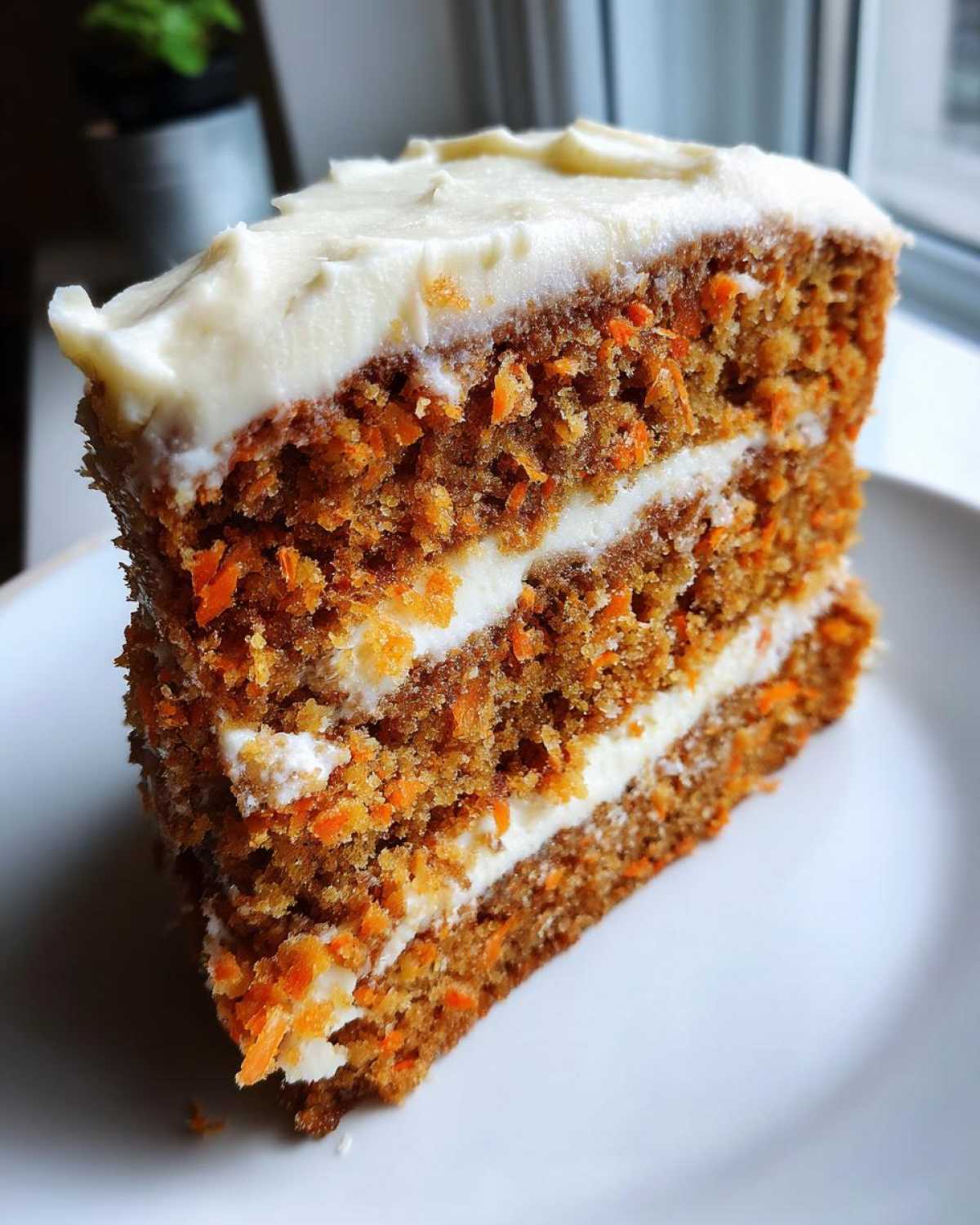 Close-up of a tall slice of Moist Carrot Cake with Cream Cheese Frosting, showing three layers of cake and two layers of filling.
