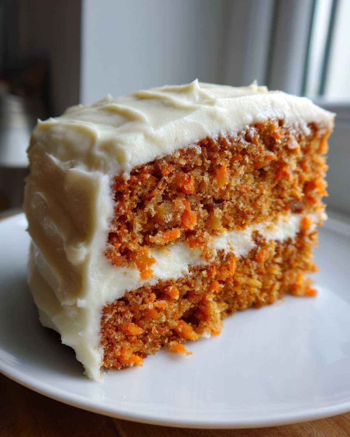 Close-up of a thick slice of Moist Carrot Cake with Cream Cheese Frosting, showing visible shredded carrots.