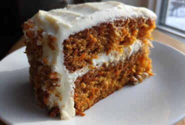 A close-up of a thick slice of Moist Carrot Cake with Cream Cheese Frosting, showing visible shredded carrots.