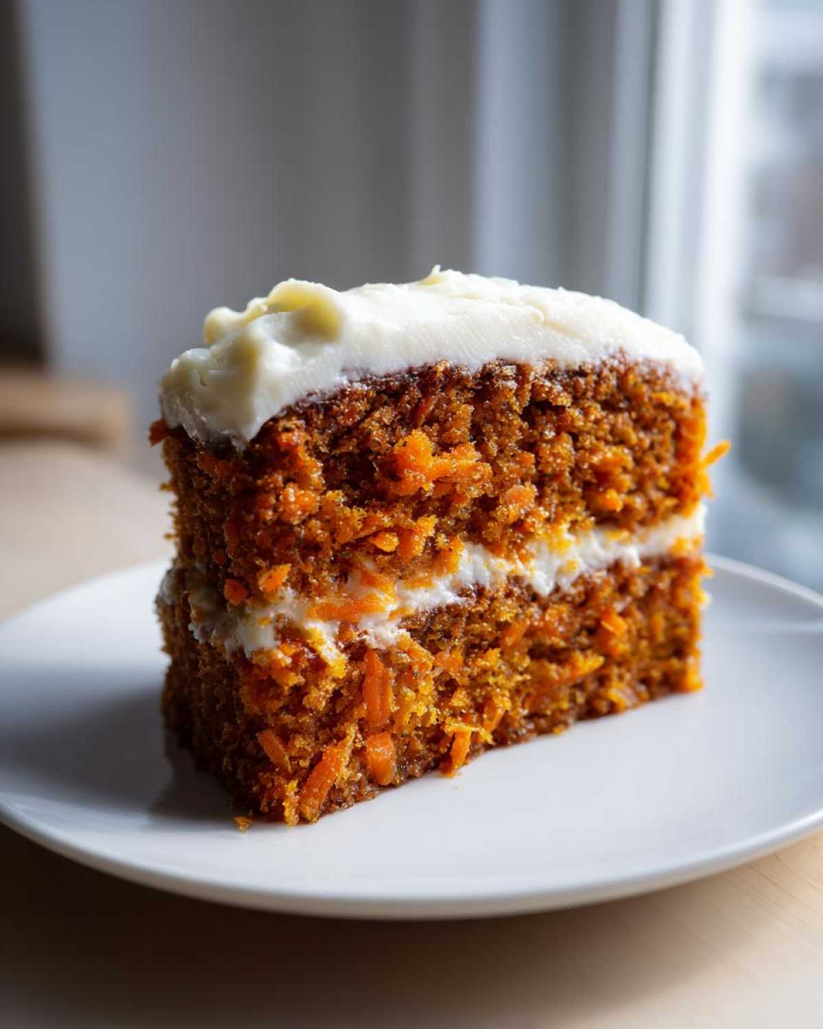 A thick slice of Moist Carrot Cake with Cream Cheese Frosting showing visible shredded carrots in the layers.