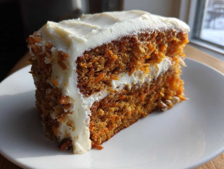 A close-up of a thick slice of Moist Carrot Cake with Cream Cheese Frosting, showing visible shredded carrots.