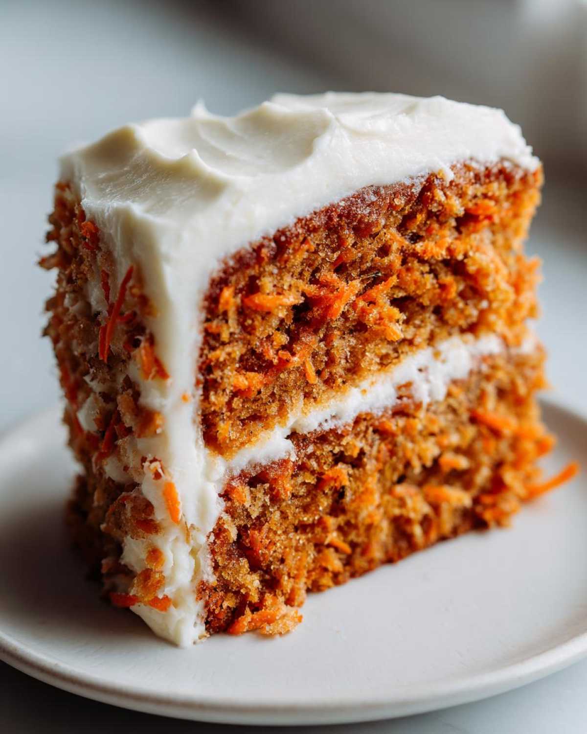 Close-up of a thick slice of Moist Carrot Cake with Cream Cheese Frosting, showing shredded carrots in the layers.