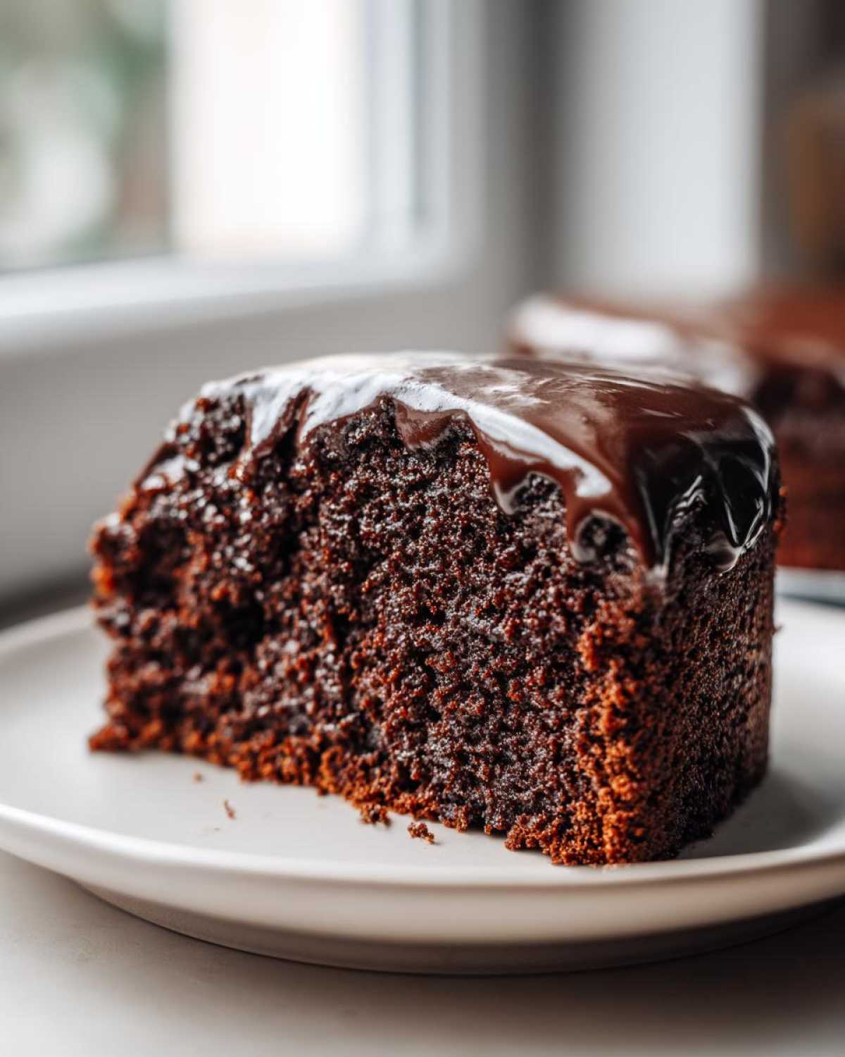Close-up of a rich, moist slice of Gluten-Free Chocolate Cake topped with glossy chocolate ganache.