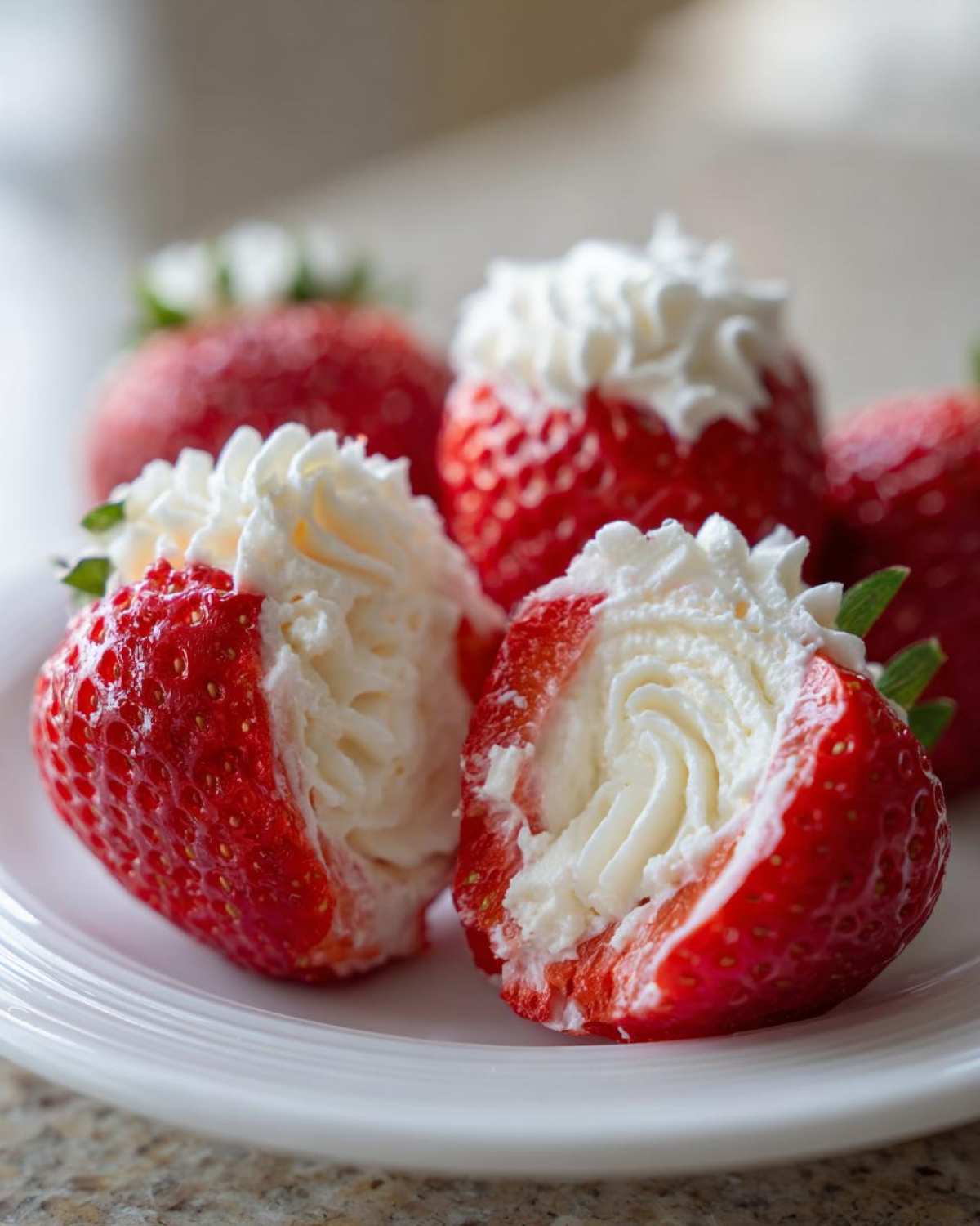 Close-up of fresh strawberries filled with creamy white no-bake cheesecake filling.