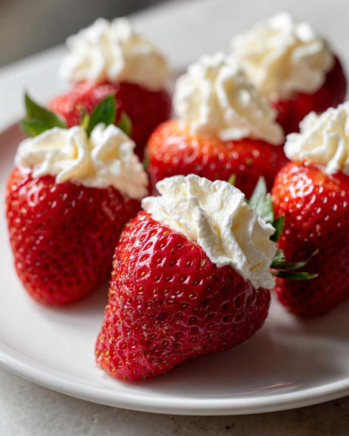 Close-up of fresh strawberries filled with cheesecake mixture and topped with whipped cream, ready to eat.
