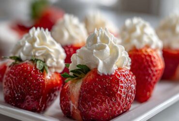 Close-up of fresh strawberries stuffed with cheesecake filling and topped with whipped cream, perfect No-Bake Cheesecake Stuffed Strawberries.