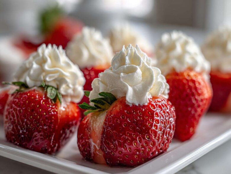 Close-up of fresh strawberries stuffed with cheesecake filling and topped with whipped cream, perfect No-Bake Cheesecake Stuffed Strawberries.