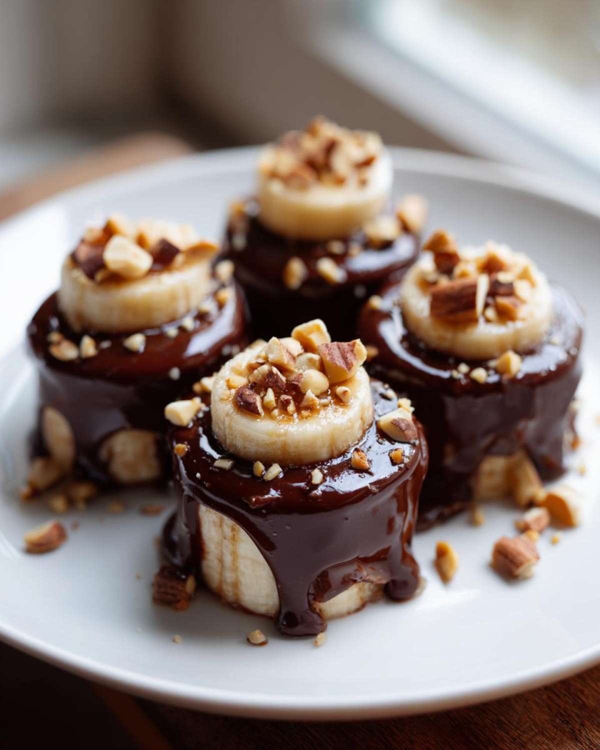 Four delicious No-Bake Chocolate Covered Banana Bites, drizzled with dark chocolate and topped with chopped nuts.