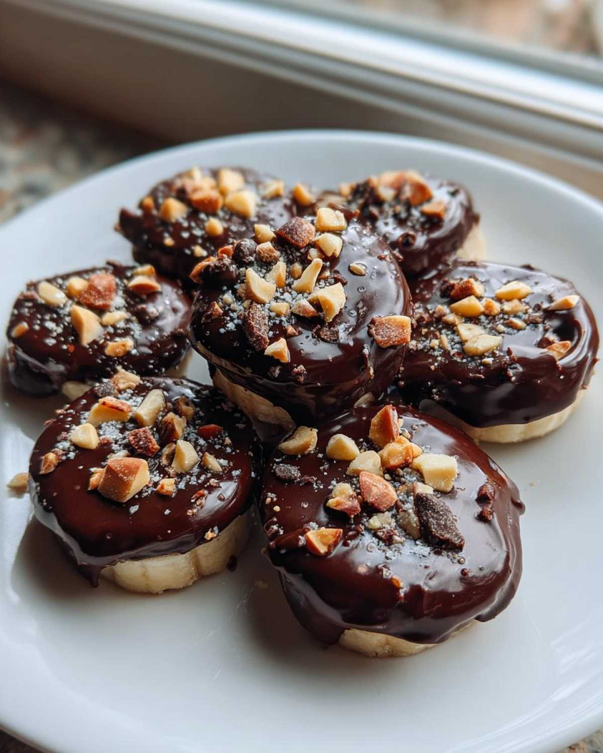 Close-up of several No-Bake Chocolate Covered Banana Bites topped with chopped nuts on a white plate.