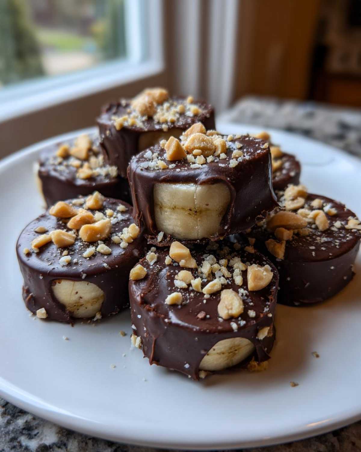 A stack of No-Bake Chocolate Covered Banana Bites, dipped in dark chocolate and topped with chopped peanuts, served on a white plate.