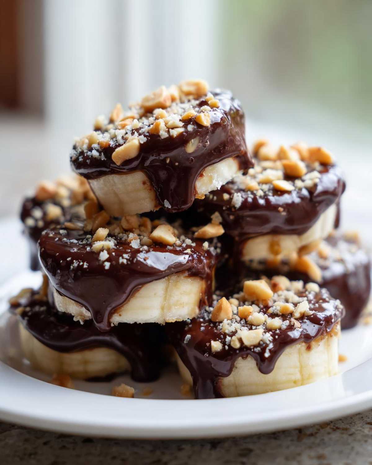 A stack of No-Bake Chocolate Covered Banana Bites topped with melted chocolate and chopped peanuts.