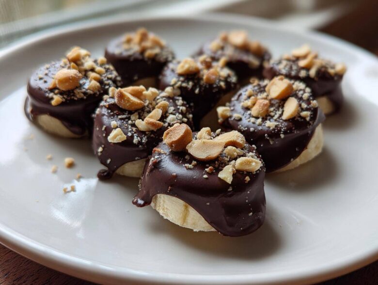 Close-up of several No-Bake Chocolate Covered Banana Bites topped with chopped peanuts on a white plate.